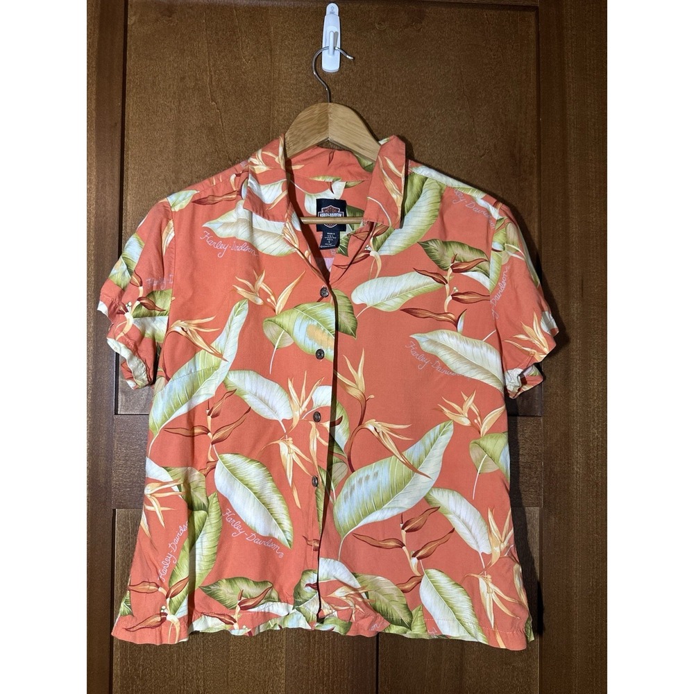 Vintage Harley Davidson Womens L Hawaiian Camp Shirt Rayon USA Floral Orange